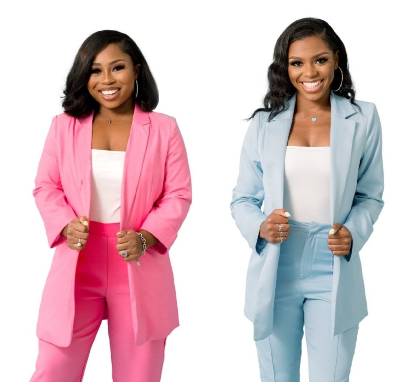 Founders Maliyah Bass and Bariangela Segovia in pink and blue suits